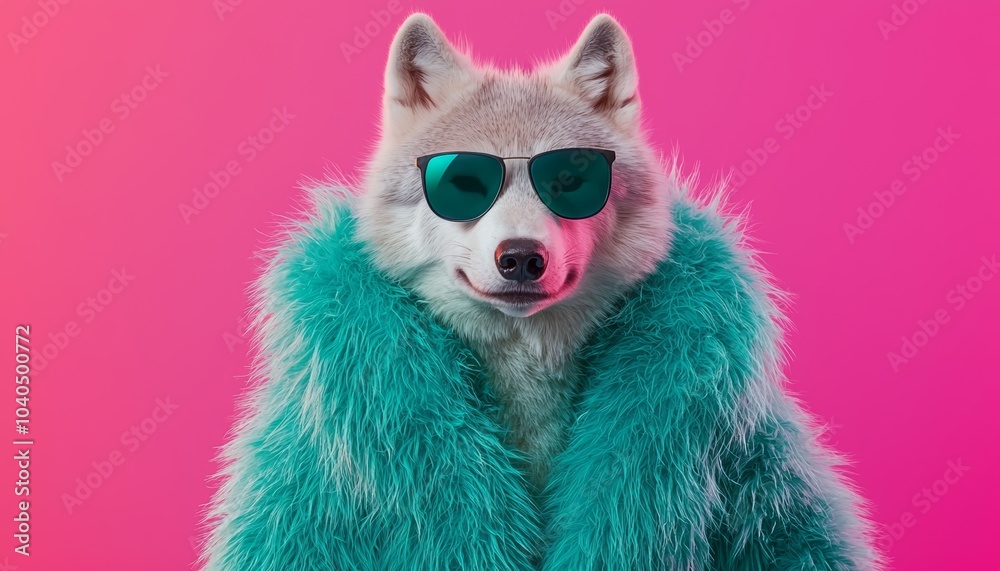 Obraz premium A wolf wearing a bold teal fur coat and dark sunglasses, standing confidently against a gradient of pastel pink transitioning into deep crimson.