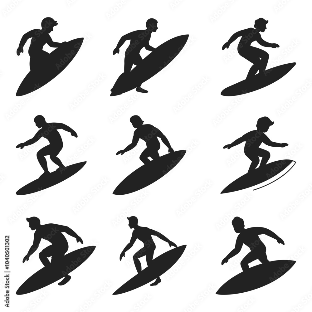Obraz premium Surfing silhouettes in different poses. Surfing Player High detail. Graphic resources.