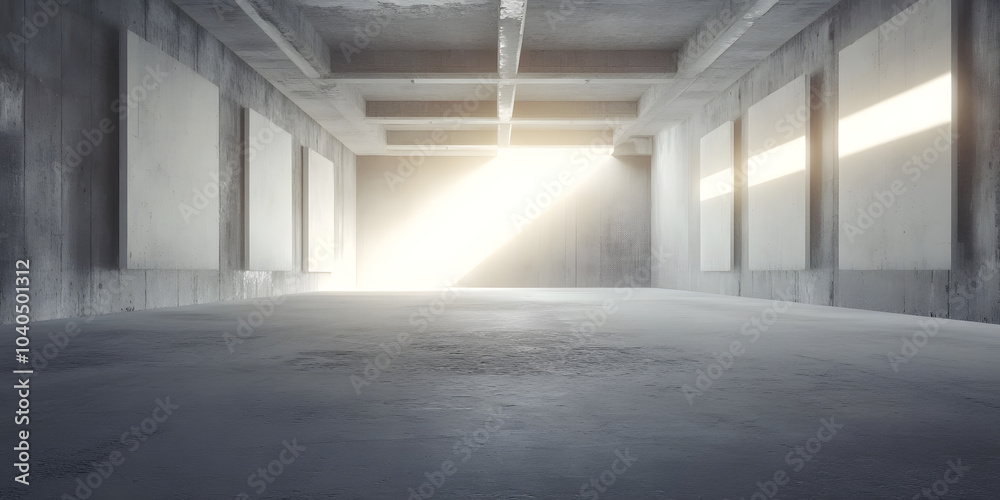 Abstract empty, modern concrete room with light shining in at the back, plate offset walls and rough floor - industrial interior background template Abstract empty, modern concrete room with light shining in at the back, plate offset walls and rough floor - industrial interior background template