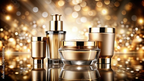 Elegant luxury cosmetic packaging displayed with a shimmering golden backdrop. Generative AI