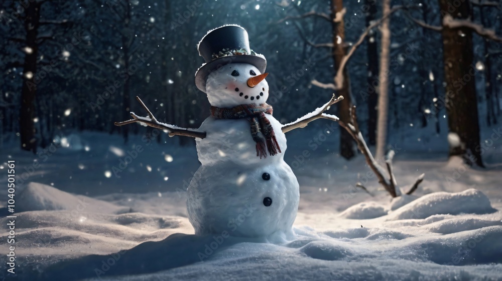 Fototapeta premium A cheerful snowman stands in a snowy forest glade on a winter evening, surrounded by falling snowflakes and illuminated by soft light