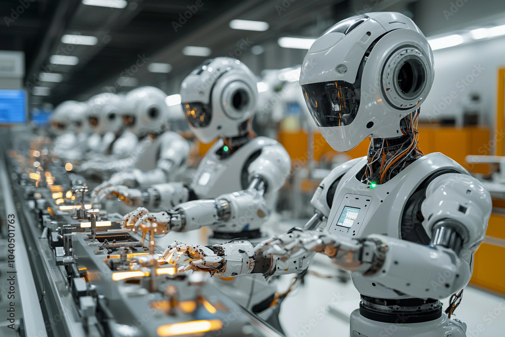 Robots assembling products in a modern factory during daylight hours Robots assembling products in a modern factory during daylight hours