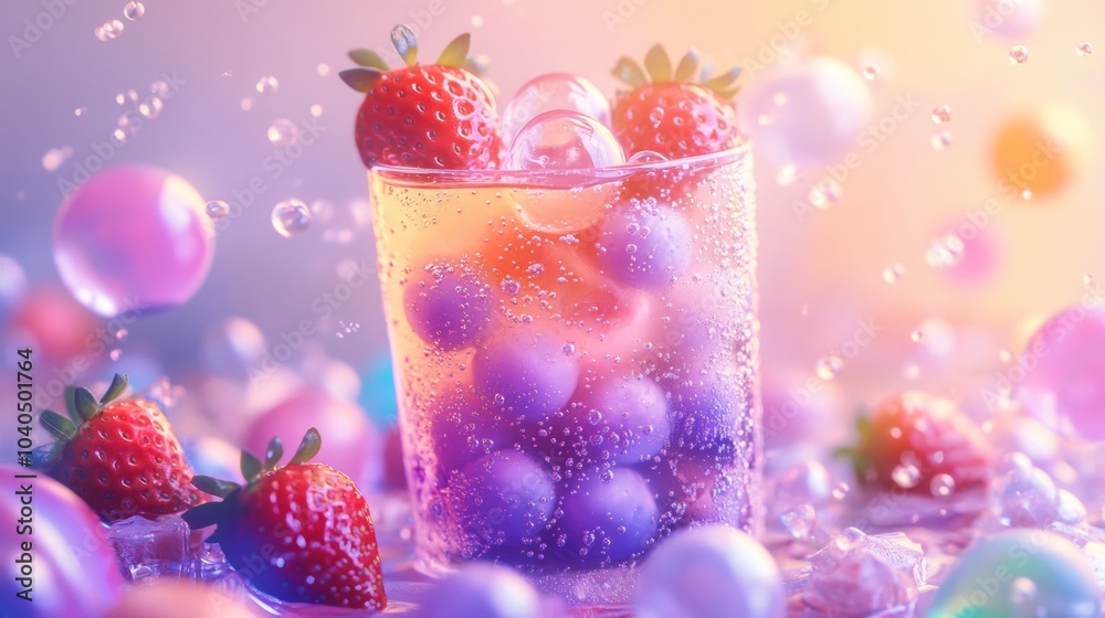 Sparkling beverage with fresh strawberries and bubbles in a colorful setting during a summer afternoon Sparkling beverage with fresh strawberries and bubbles in a colorful setting during a summer afternoon