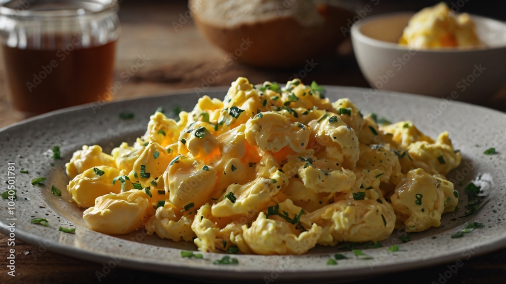 Deliciously fluffy scrambled eggs topped with chives served on a rustic wooden table alongside butter and toast