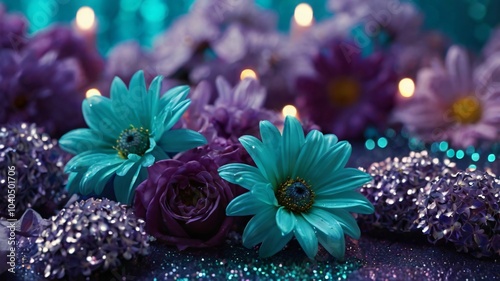 Colorful arrangement of teal and purple flowers with candles on a sparkling surface during a cozy evening gathering