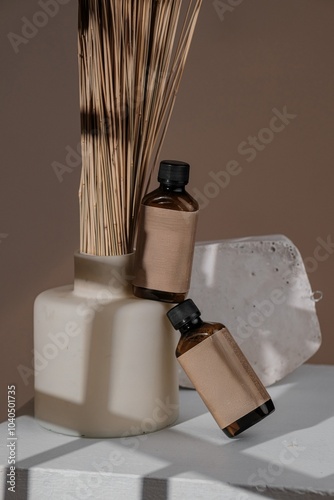 Two Cosmetic Bottles on White Stone with Beige Background photo