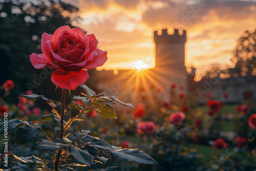 Fototapeta Naklejka Na Ścianę i Meble -  Vibrant red roses in a garden at sunset near a historic castle