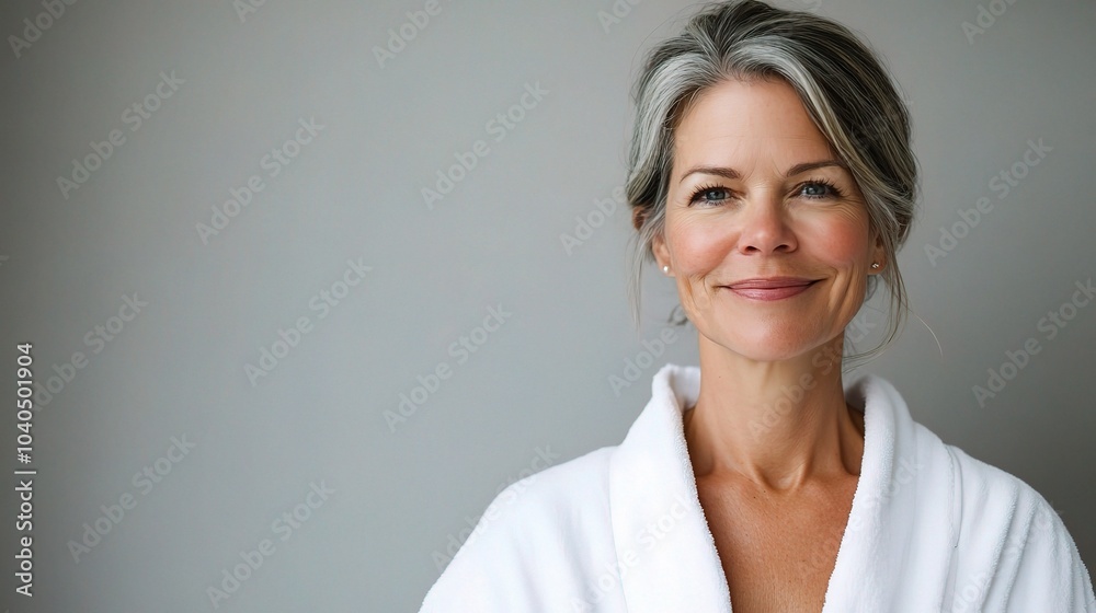 Smiling Middle-Aged Woman in White Robe Smiling Middle-Aged Woman in White Robe