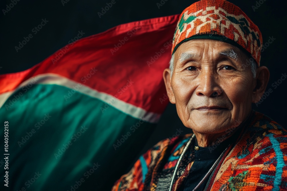An elder adorned in ornate traditional garments stands boldly against a backdrop of vivid national colors blowing in the wind, reflecting ancestral wisdom and strength. An elder adorned in ornate traditional garments stands boldly against a backdrop of vivid national colors blowing in the wind, reflecting ancestral wisdom and strength.