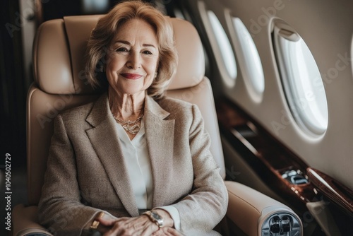 An elegant senior woman sits comfortably in a luxurious private jet, embodying a sense of sophistication and grace as she embarks on her journey in style. photo