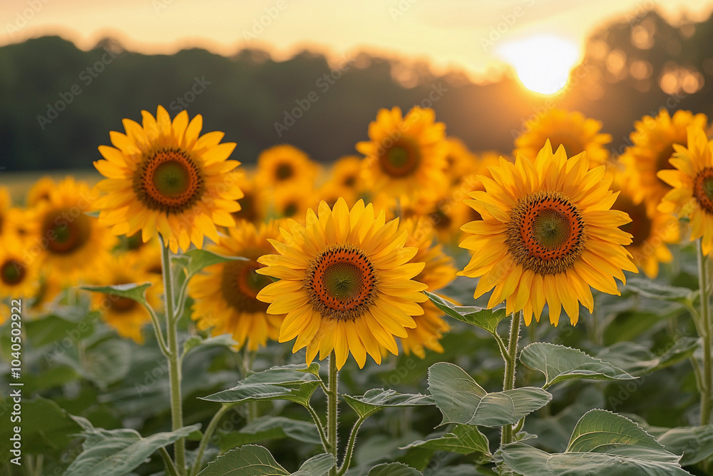 Fototapeta premium Vibrant sunflowers basking in the sunset glow on a summer evening