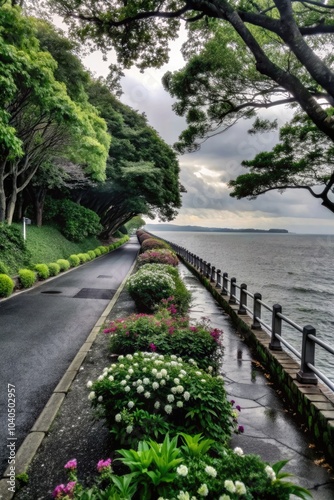 Serene seaside pathway lined with lush greenery and colorful flowers. Generative AI