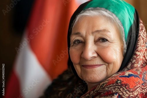 Portrait of a smiling elderly woman wearing a colorful scarf and sitting near a national flag, symbolizing pride and heritage, captured in warm, natural lighting. photo