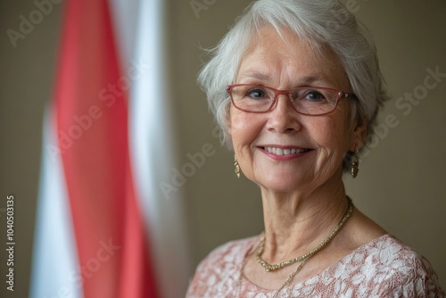 A cheerful short-haired senior woman is framed against a flag backdrop, embodying a blend of wisdom and cultural pride in soft, welcoming light. photo