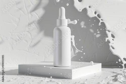Beauty mockup of serum product with drops and splashes on a light background