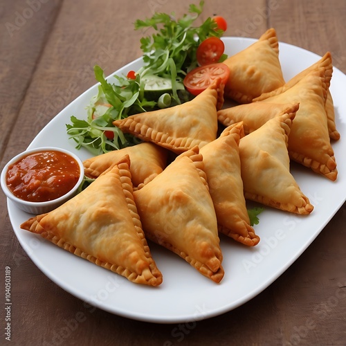 Samosas assortment with Tomato Sauce with some salad served