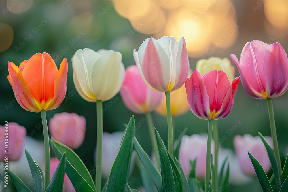 Fototapeta premium Colorful tulip garden blooming during springtime in the evening light