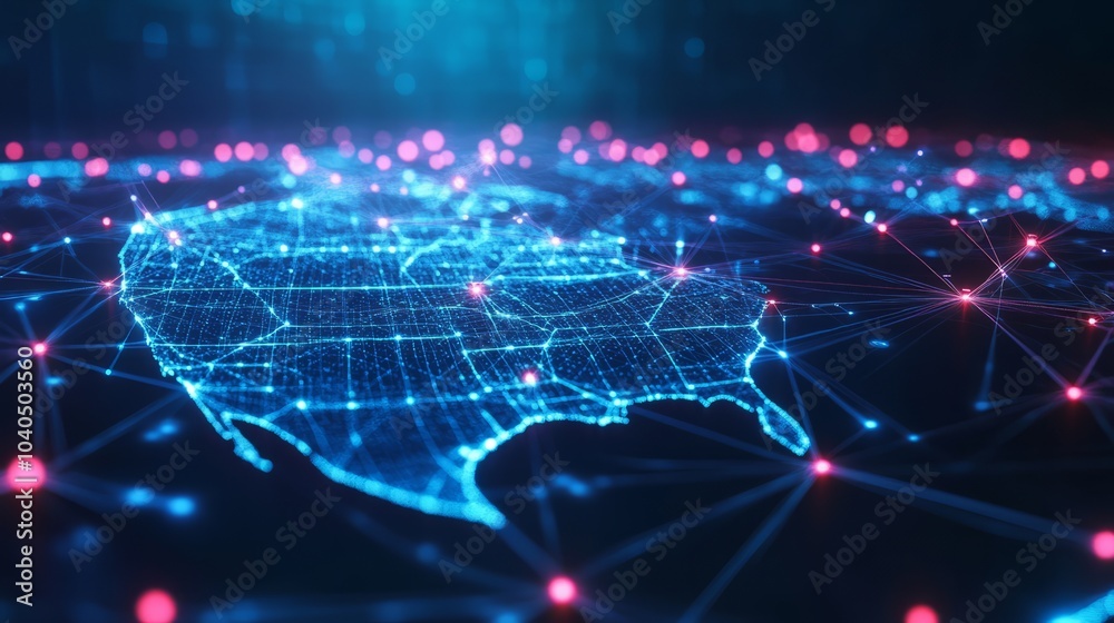 Fototapeta premium A 3D USA map, covered in glowing mesh lines and connected nodes, floating on a vibrant blue tech background --ar 16:9 --v 6.1 Job ID: 7f667ddf-534e-4680-8e20-6d7c62be4627