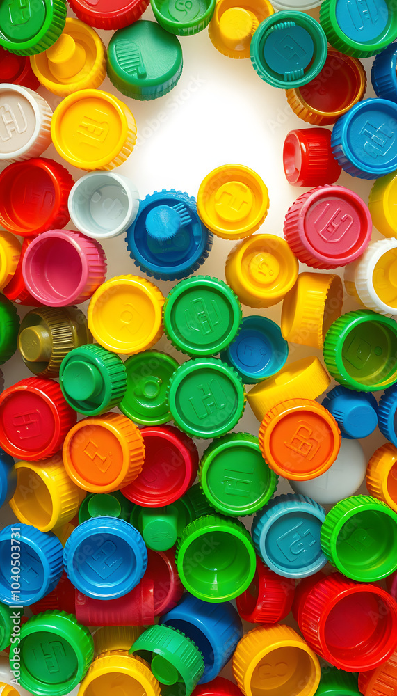 Colorful plastic bottle caps creating a texture. Recycling background. Environmental reuse and the importance of recycling PET materials for an eco-friendly future. Plastic industry isolated with wh Colorful plastic bottle caps creating a texture. Recycling background. Environmental reuse and the importance of recycling PET materials for an eco-friendly future. Plastic industry isolated with wh