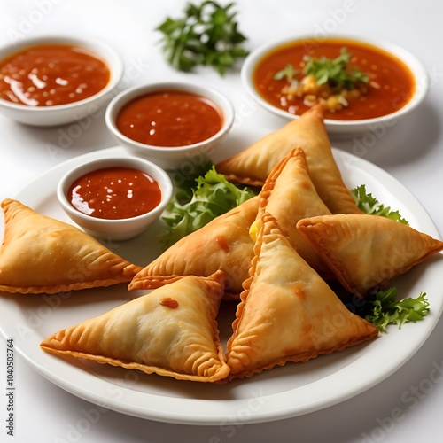 Samosas assortment with Tomato Sauce with some salad served