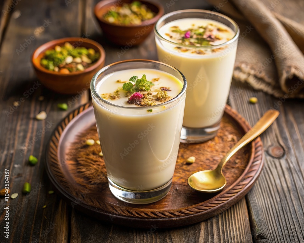 Rabdi lassi served in glasses on a rustic wooden table with snacks. Generative AI Rabdi lassi served in glasses on a rustic wooden table with snacks. Generative AI