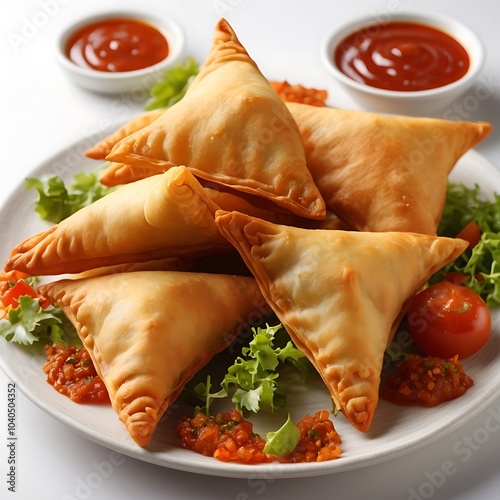 Samosas assortment with Tomato Sauce with some salad served
