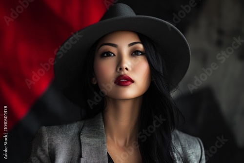 A captivating woman wearing a stylish hat poses against a mysterious and abstract background, exuding a sense of intrigue and enigmatic allure.