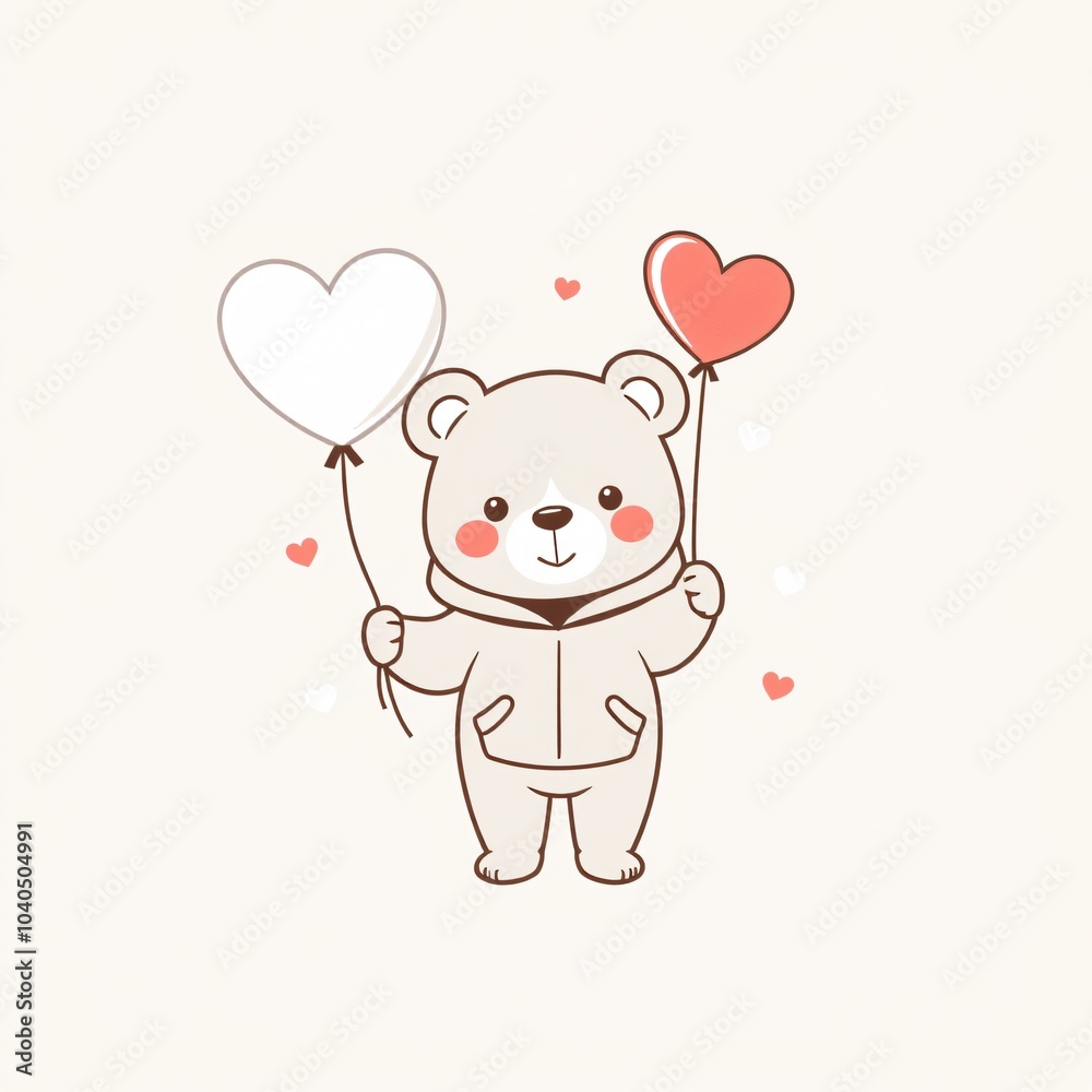 Naklejka premium Cute bear holding heart-shaped balloons with a light background, perfect for expressing love and joy on special occasions