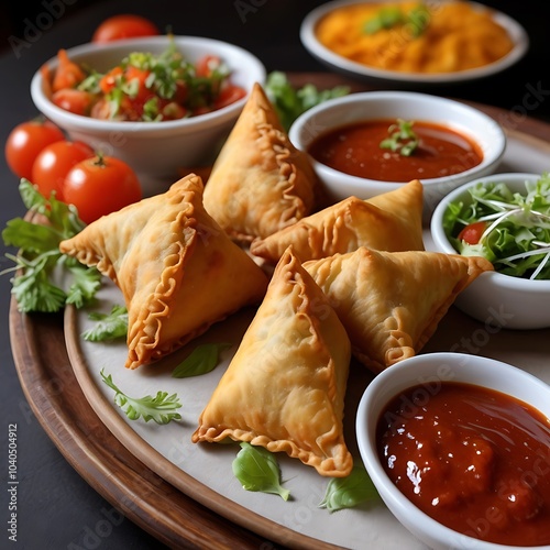 Samosas assortment with Tomato Sauce with some salad served