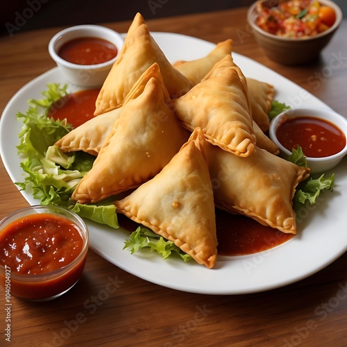 Samosas assortment with Tomato Sauce with some salad served
