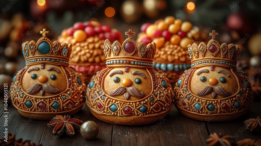 Decorative royal gingerbread figures with intricate designs, ideal for Christmas or holiday-themed bakery displays, featuring rich brown, gold, and red tones. Decorative royal gingerbread figures with intricate designs, ideal for Christmas or holiday-themed bakery displays, featuring rich brown, gold, and red tones.