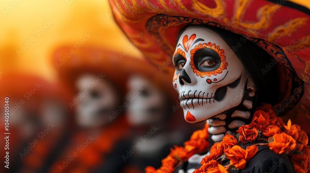 Colorful masks and skeleton costumes during a Day of the Dead parade, highlighting the vibrant Mexican holiday in early November Colorful masks and skeleton costumes during a Day of the Dead parade, highlighting the vibrant Mexican holiday in early November