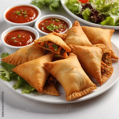 Samosas assortment with Tomato Sauce with some salad served