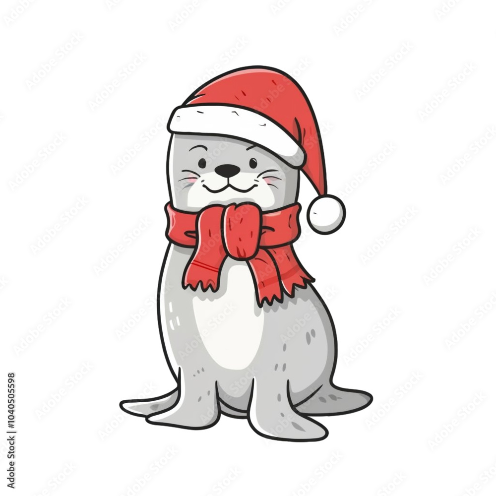 A cute seal wearing a Santa hat and red scarf exudes a festive, holiday spirit