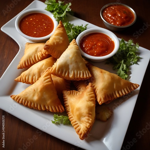 Samosas assortment with Tomato Sauce with some salad served