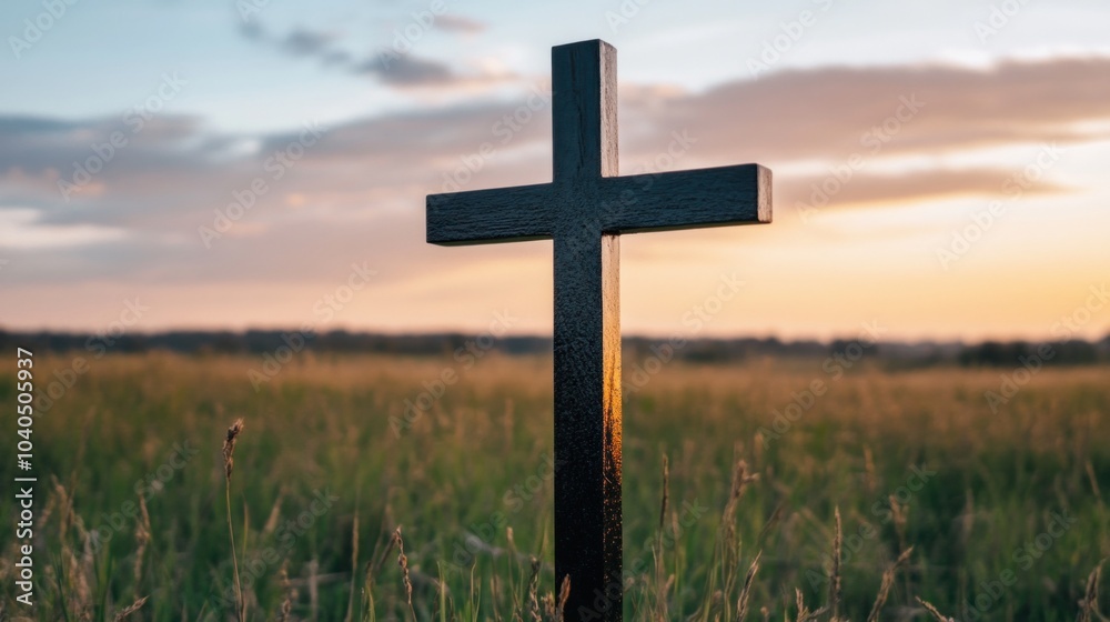 A solitary black cross rises from a lush grassy field under a colorful sunset A solitary black cross rises from a lush grassy field under a colorful sunset