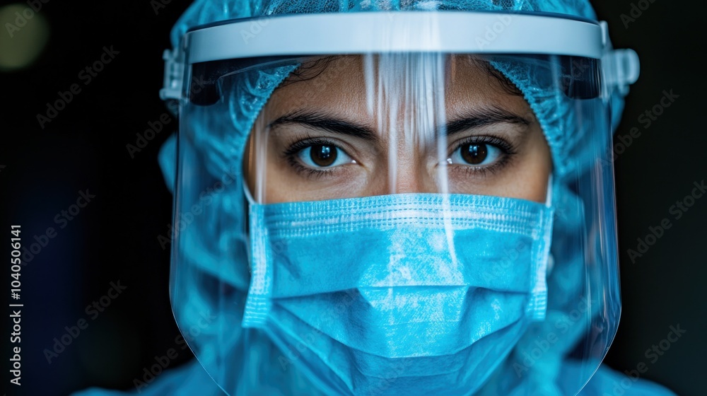 A healthcare professional in full protective gear stands ready to provide care to patients. The personвЂ™s eyes convey determination and compassion amidst the challenges of a medical environment