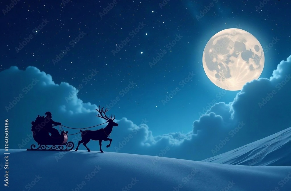 Starry sky and silhouette of Santa's sleigh with reindeer Starry sky and silhouette of Santa's sleigh with reindeer