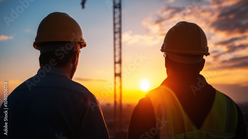 Two construction workers in hard hats watch the sunset from their construction site. The silhouettes are framed against a vibrant evening sky while a crane towers in the background