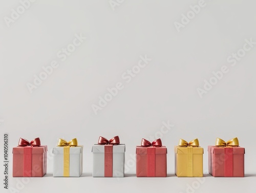 A minimalist yet elegant display of gift boxes with red and golden ribbons, symbolizing celebration, generosity, and the joy of gifting photo