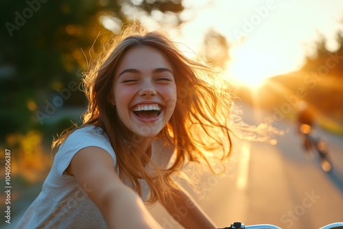 Joyful Young Woman Riding Bicycle at Sunset