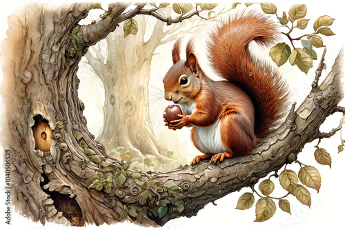 Cute red squirrel with nut on branch in forest