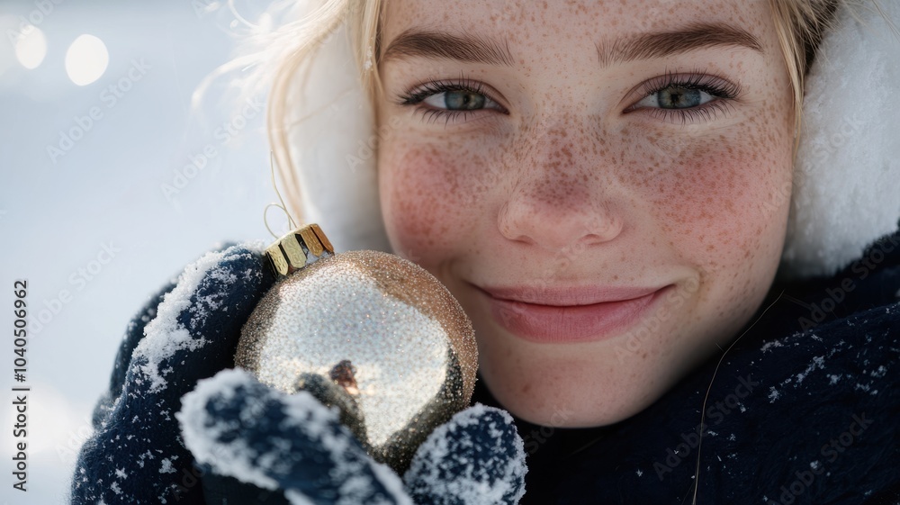 Naklejka premium Festive close-up of blonde woman with freckles wearing navy coat and white earmuffs, holding shiny ornament in gloved hands, set against a white snowy background. Christmas