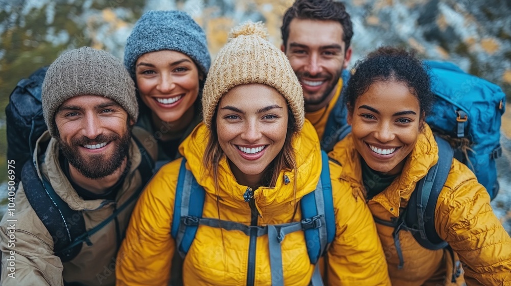 Five enthusiastic hikers are smiling and posing closely together while wearing colorful jackets and hats, enjoying their adventure in the mountains during fall Five enthusiastic hikers are smiling and posing closely together while wearing colorful jackets and hats, enjoying their adventure in the mountains during fall