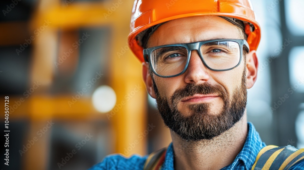 A construction worker wearing safety glasses and a hard hat poses confidently on a building site, highlighting a commitment to safety and the importance of professional attire in the industry A construction worker wearing safety glasses and a hard hat poses confidently on a building site, highlighting a commitment to safety and the importance of professional attire in the industry