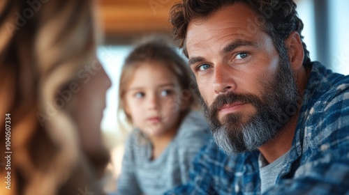 The father gazes intently while talking to a family member, with his young daughter observing closely, showcasing a warm and thoughtful family connection