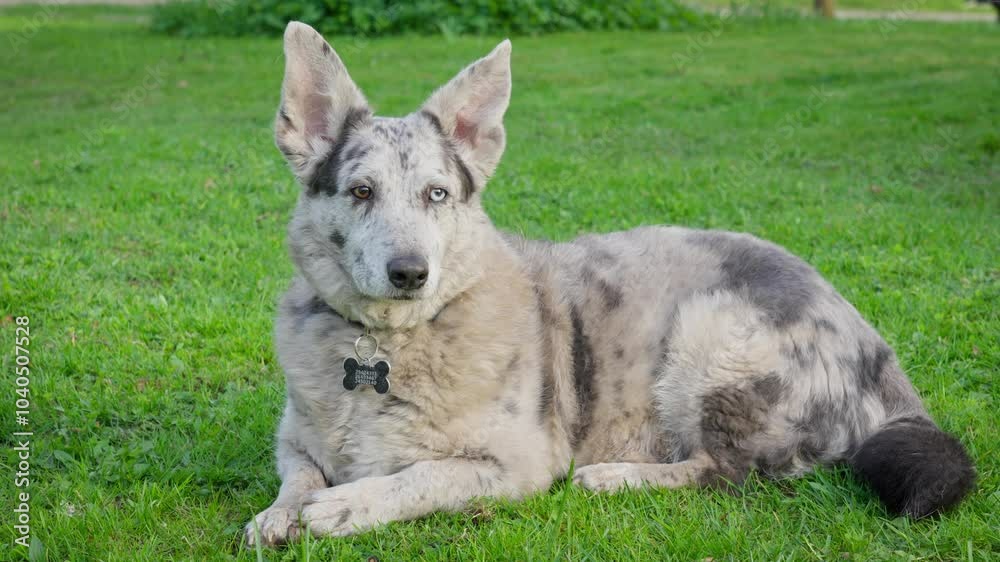 A spotted, cute purebred dog is lying on the grass in the backyard. Slow motion video. A spotted, cute purebred dog is lying on the grass in the backyard. Slow motion video.