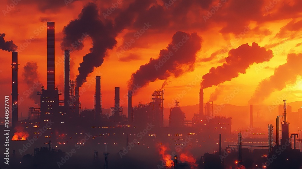 Industrial Landscape with Factory and Smoke at Sunset Industrial Landscape with Factory and Smoke at Sunset