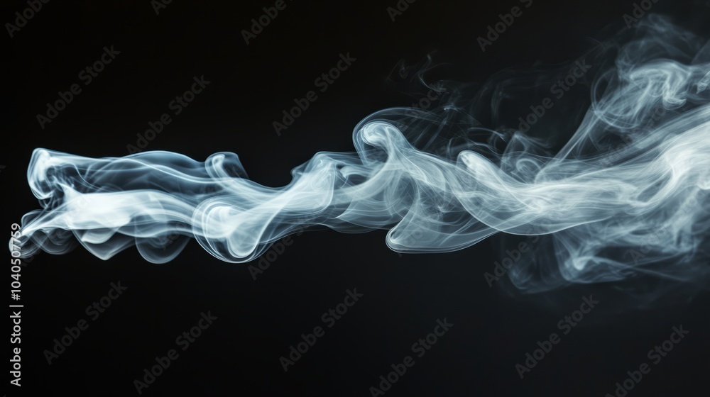 Fototapeta premium A beautifully shaped white smoke plume swirling in various directions, isolated against a solid black background, 