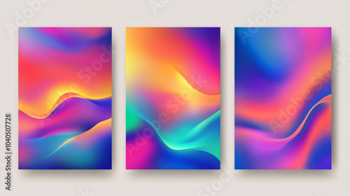 Set of abstract liquid backgrounds featuring vibrant gradients. Holographic gradient poster designs in a mosaic style.



